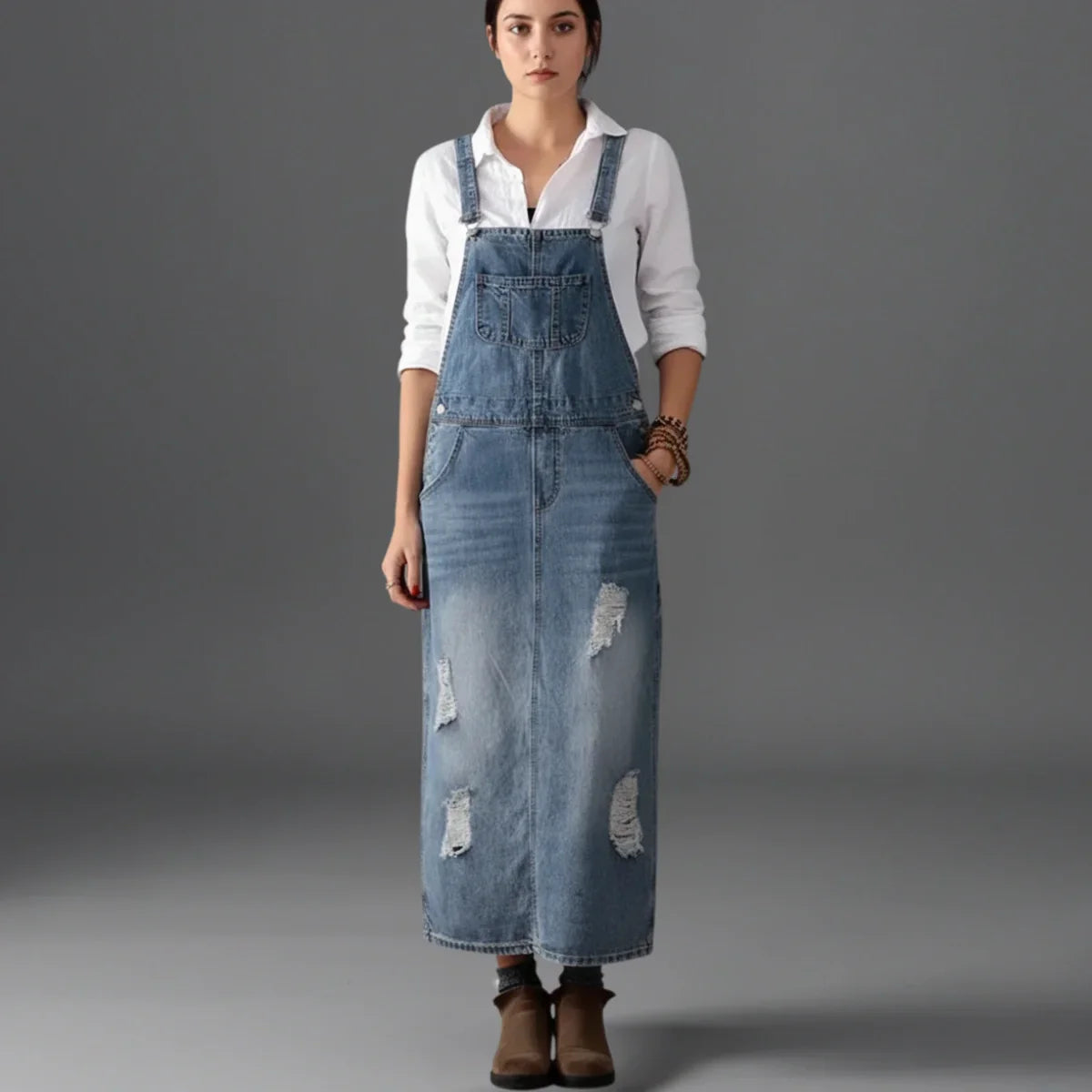 Jetta Robe chasuble en denim délavé avec fente arrière